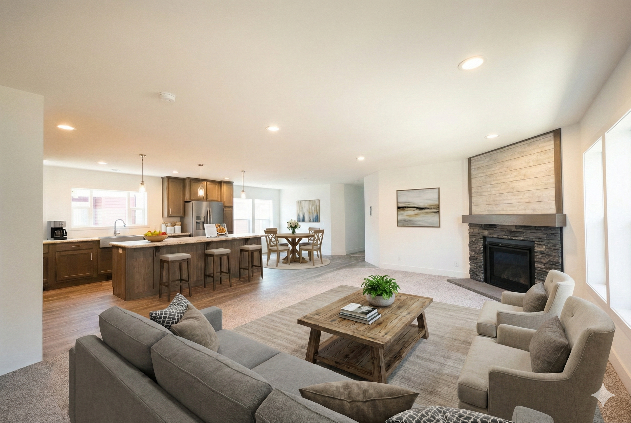 livingroom photo looking into the kitchen inside the Legend 413 manufactured home in Jamestown North Dakota