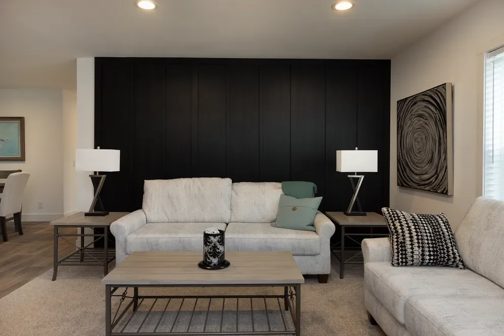 photo of living room and white couch with black vertical board and batton accent wall 