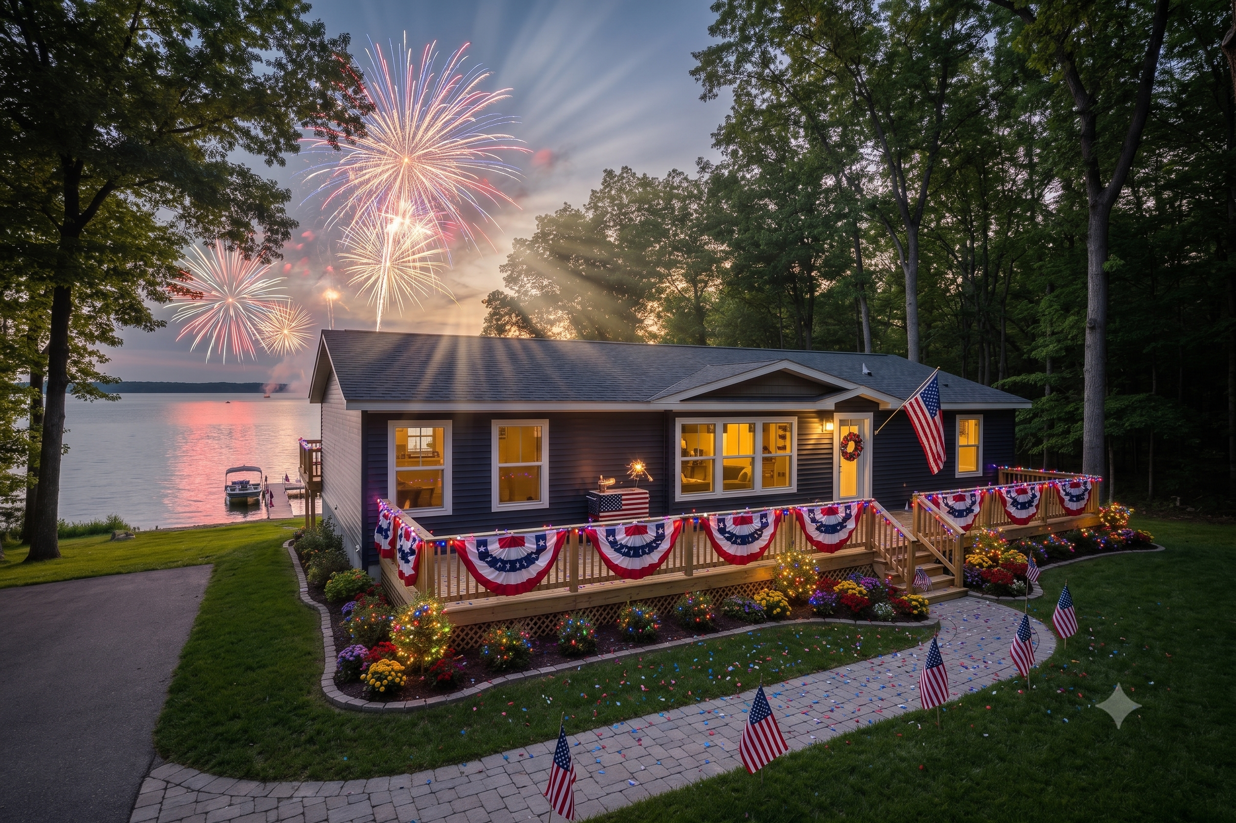 photo of home on a lake with 4th of july decore and fireworks in the sky 