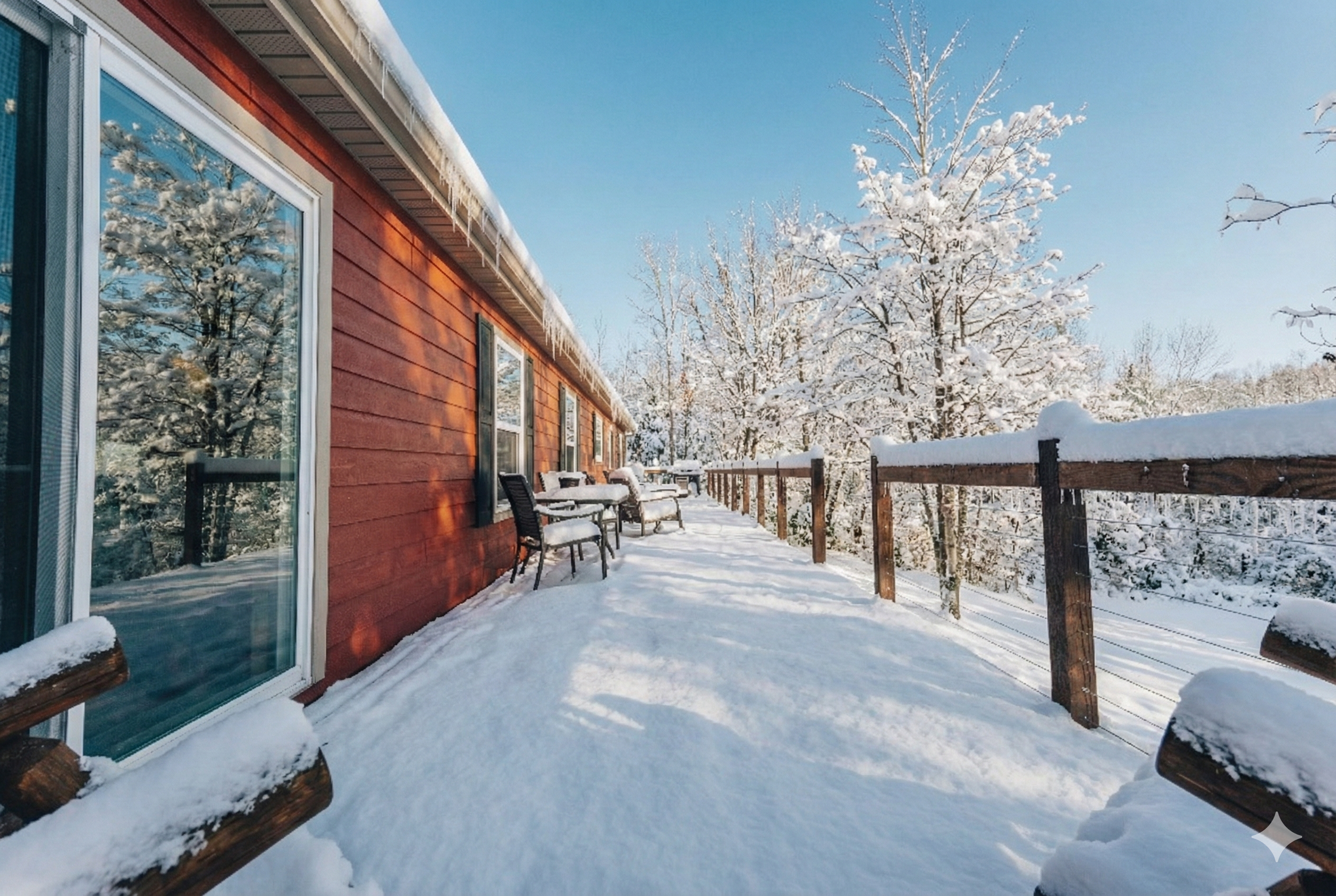 photo of a manufactured home covered with snow with red sidding showing that Liechty Homes are built well for northern snowy climates