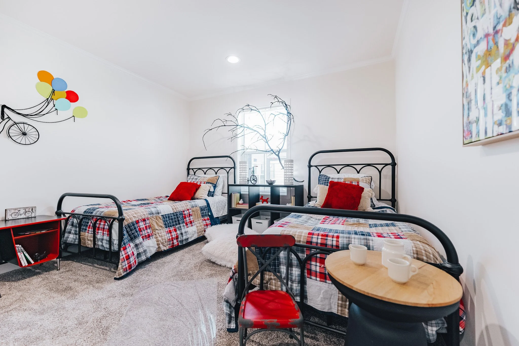 kids room with two twin beds 