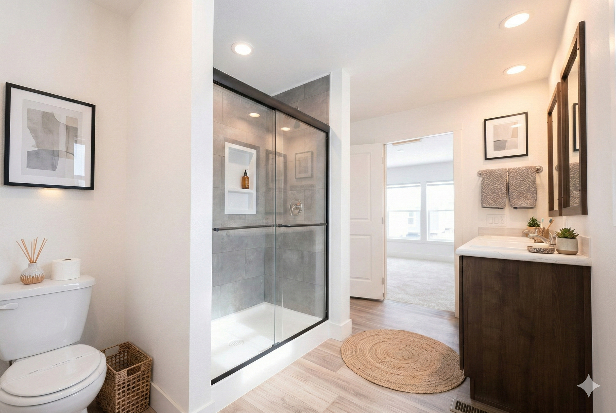 master bathroom photo with walk in tiled shower in the schult tempo manufactured home 