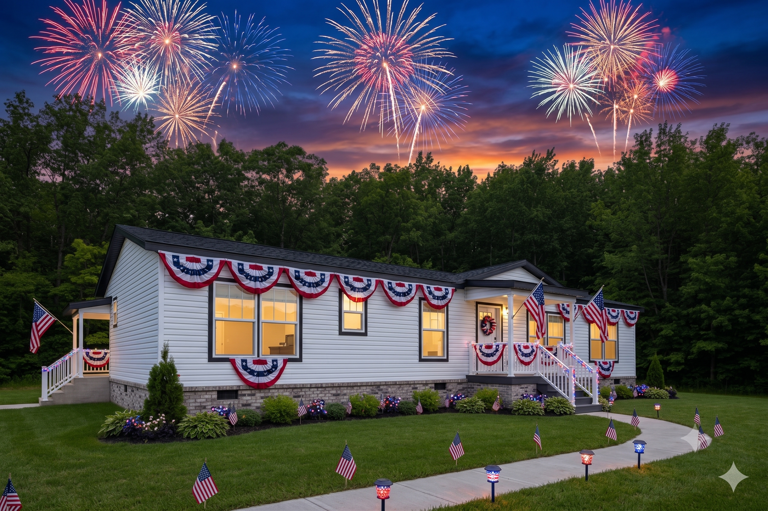 home photo with 4th of july decore and fireworks in the sky 