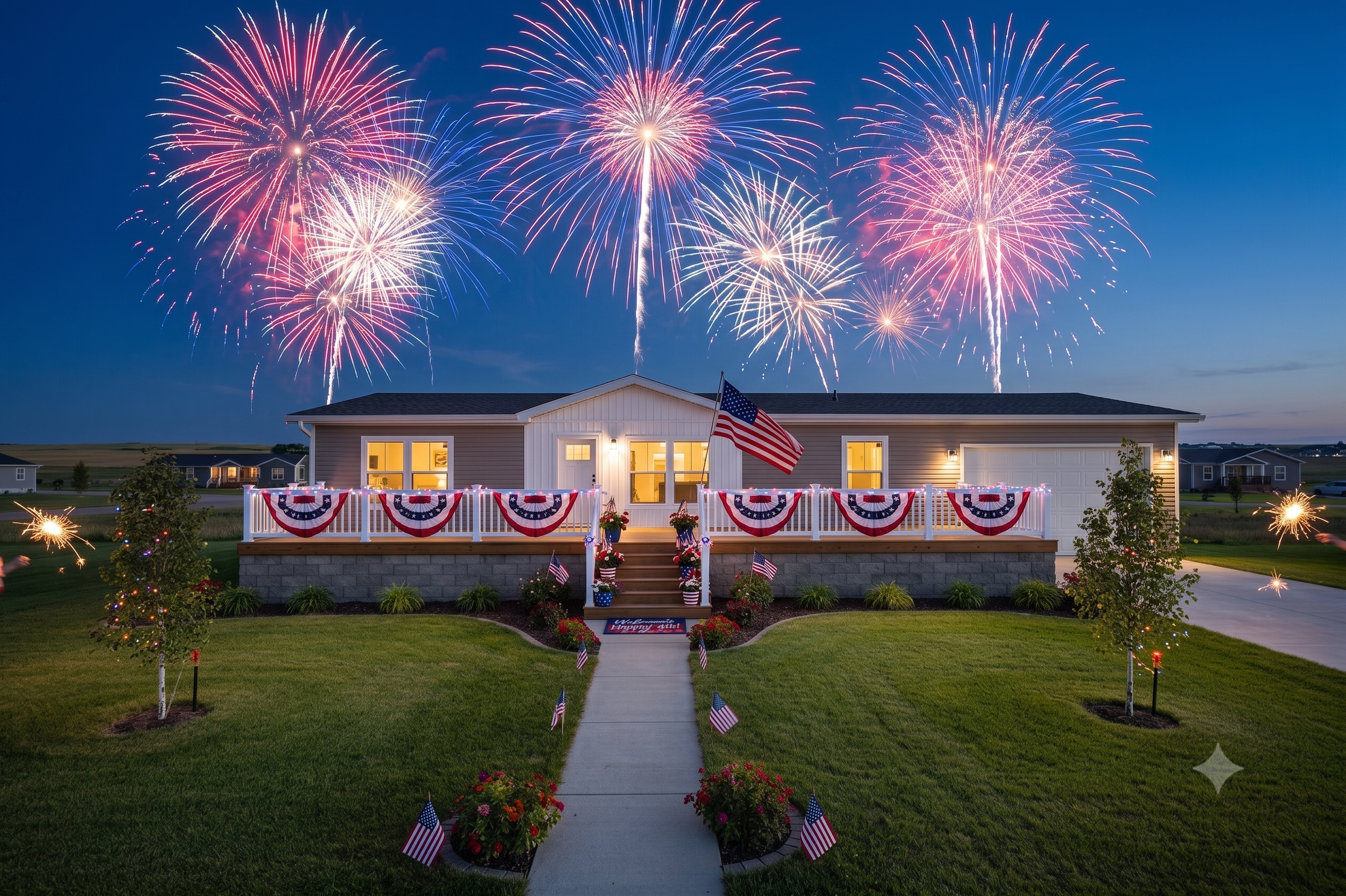 photo of home with 4th of july decore and fireworks exploding 