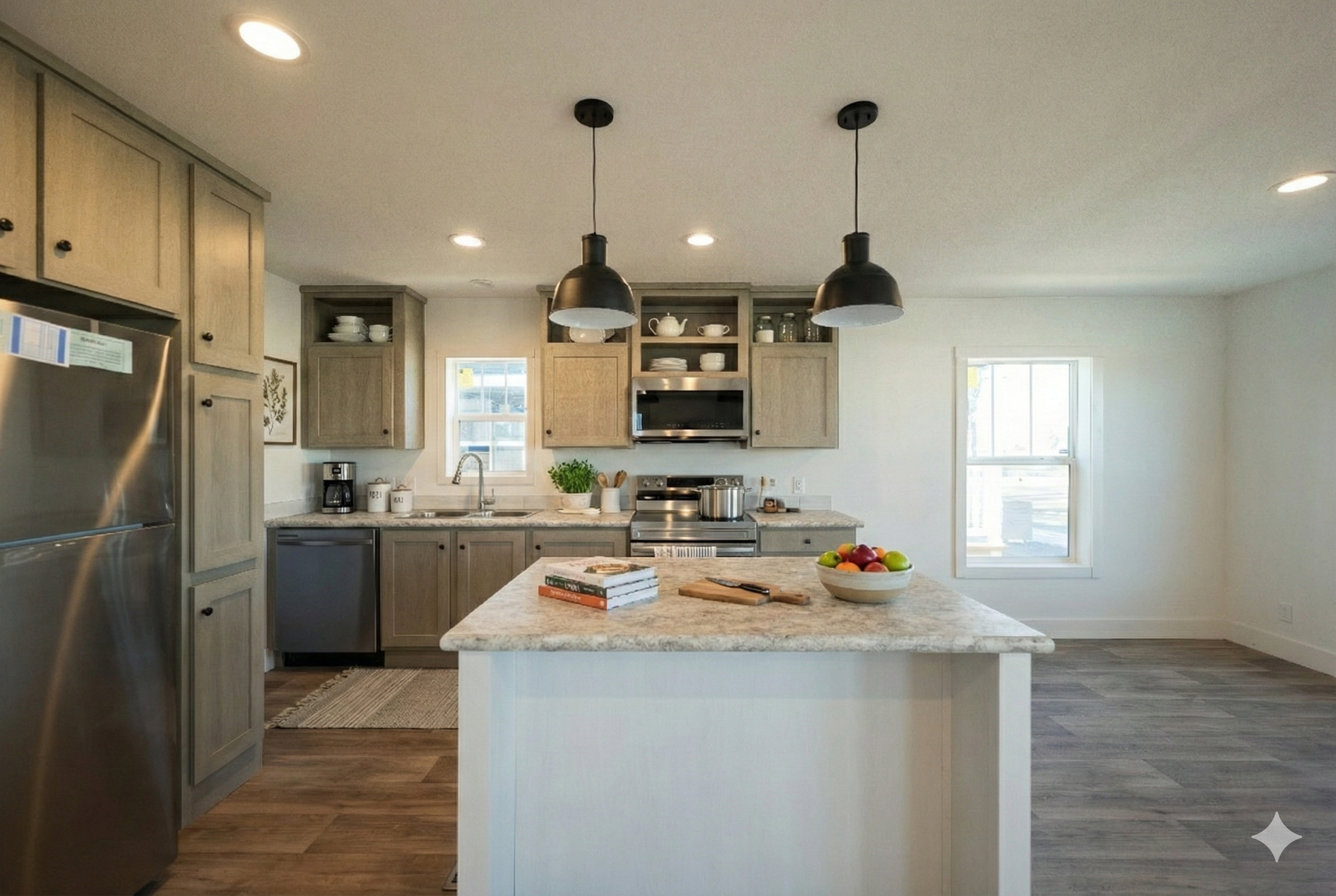 kitchen photo and island in frame inside the tempo three little bird manufactured home jamestown north dakota