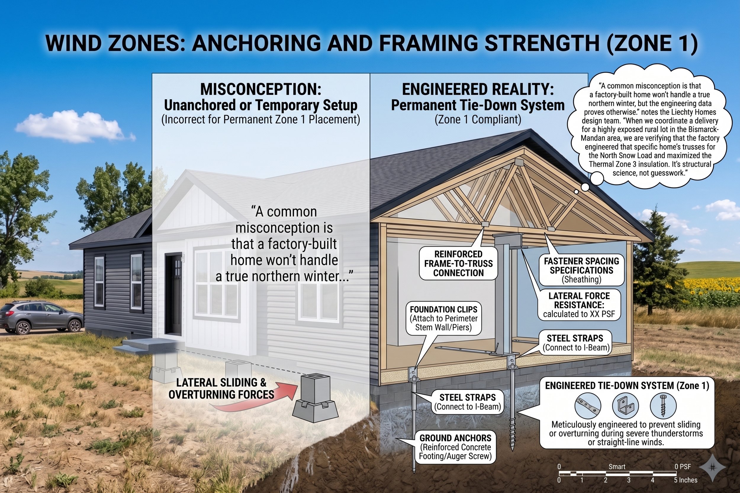 wind zone reference for manufactured home showing how there are different types of anchoring systems that will stand up to zone 1 wind