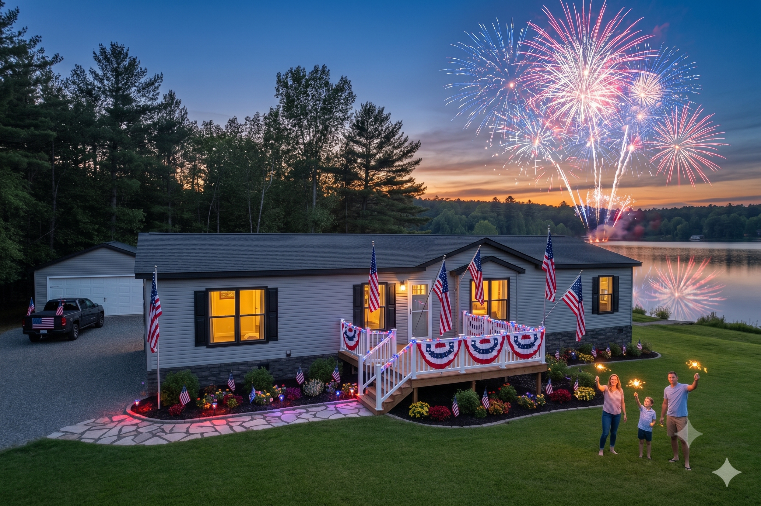 photo of home on a lake with family in the front yard celbrating the 4th of july 