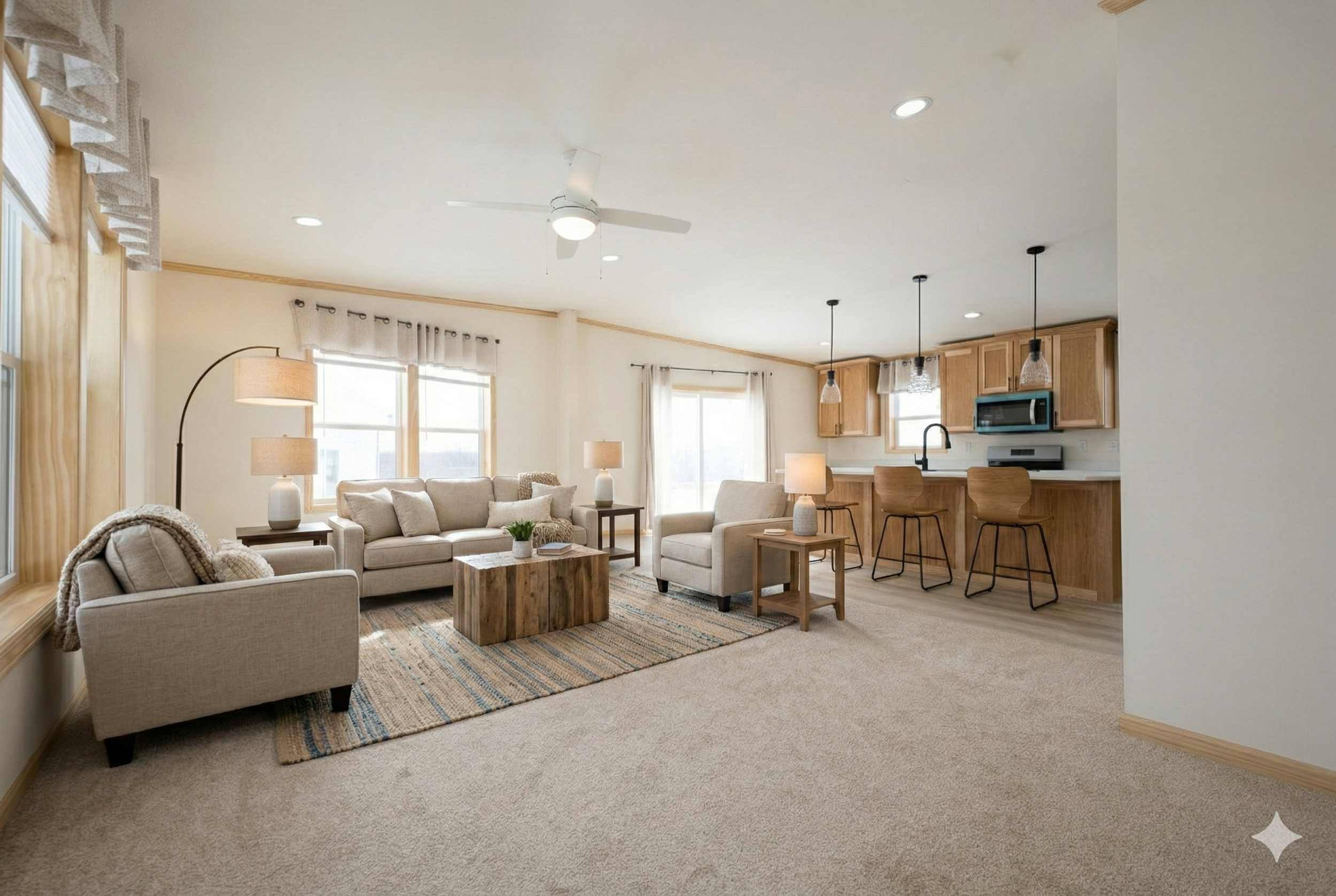 living room photo with hickory interior and nice prow front living room lake cabin layout Fergus falls Minnesota manufactured home
