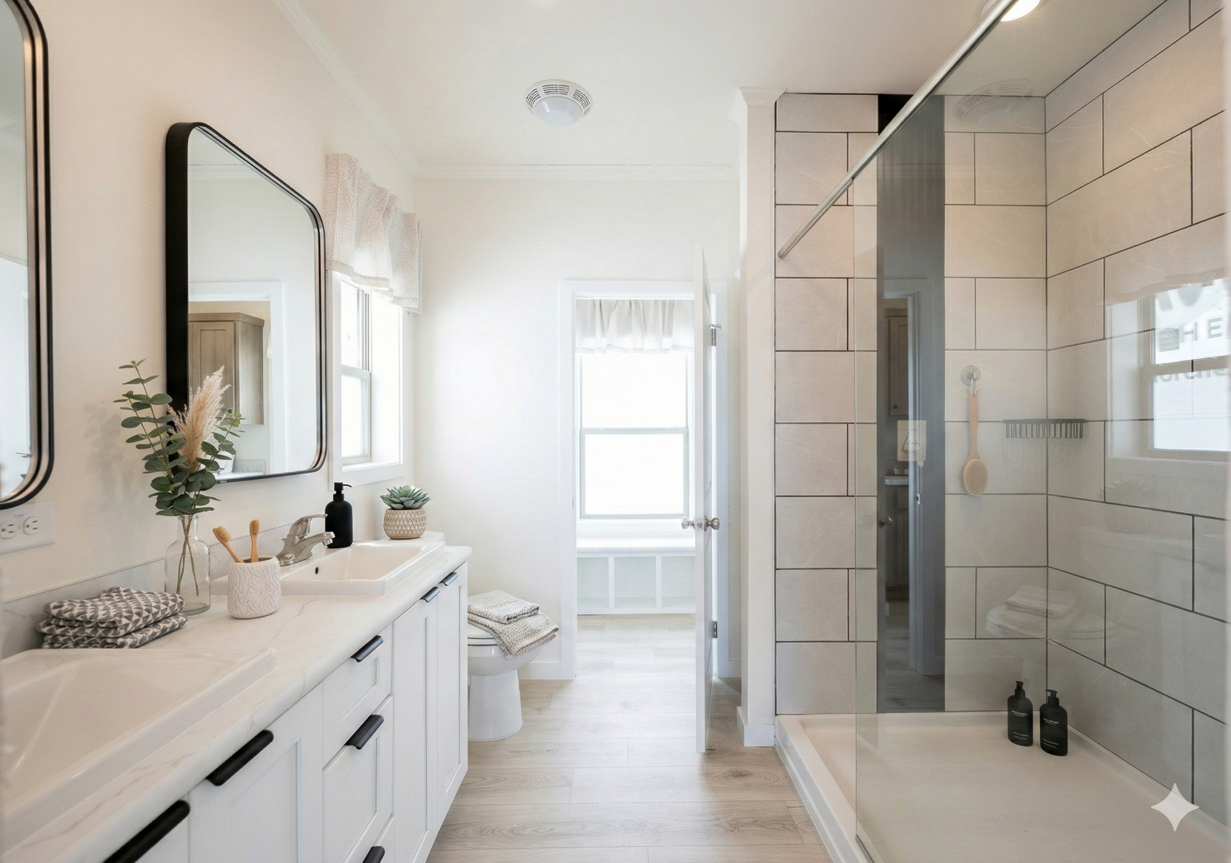 master bathroom photo with duel vanity and large tiled walk in shower inside the cavco dakota manufactured home