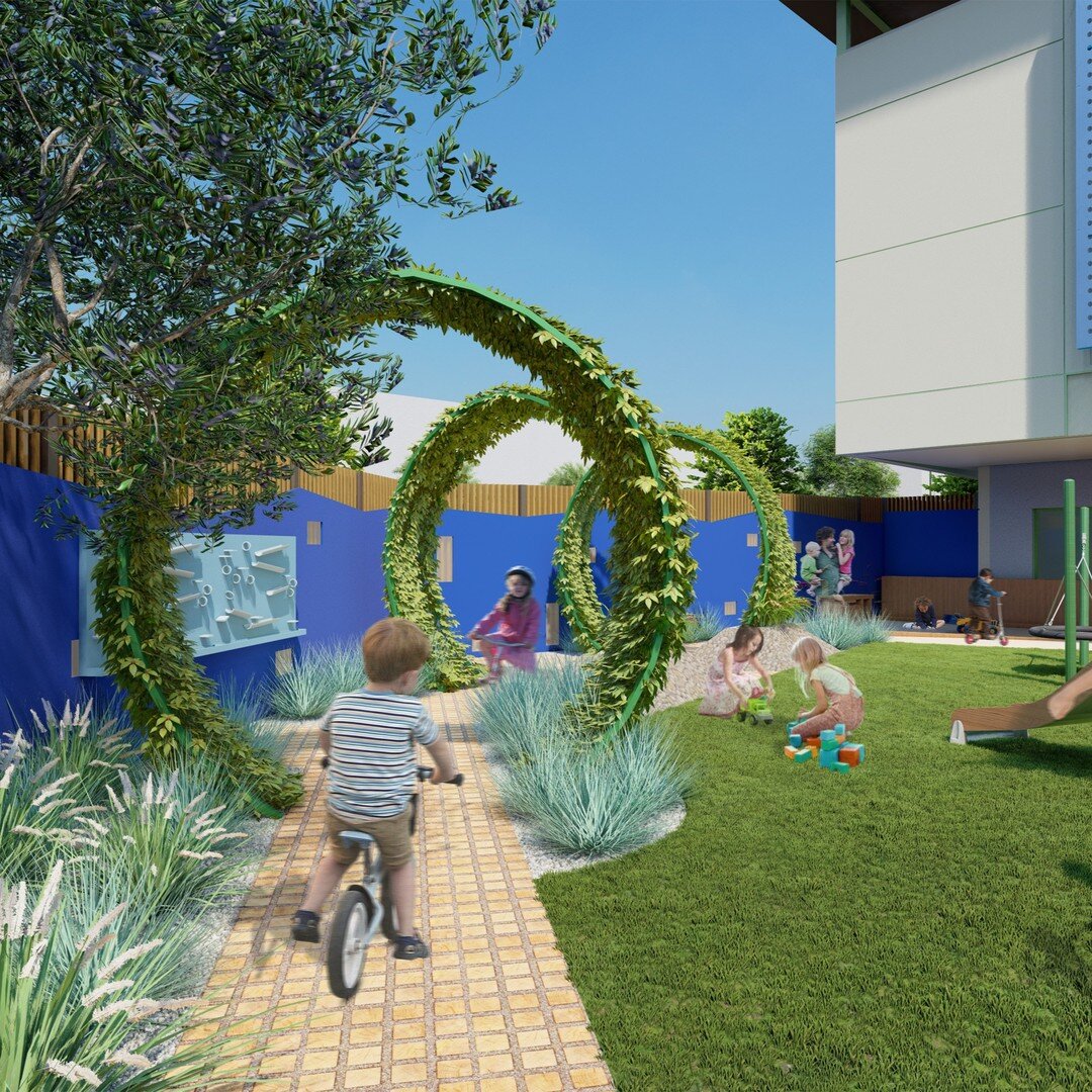 We love designing play spaces! This engaging play area for the House of Worship &amp; Preschool is designed over podium and includes sand play, climbing structures, a playful security fence, and a textured loop tricycle bike path. The project is sche