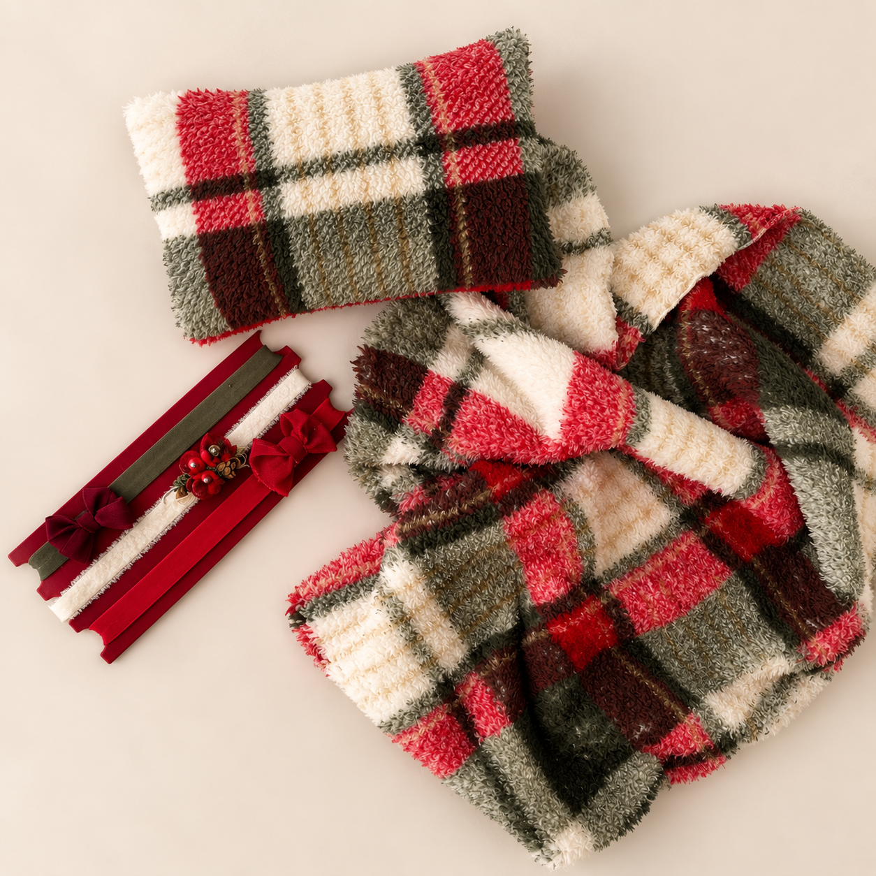 Christmas Plaid Newborn Styling Set | Pillow, Layer + 3 Headbands with Matching Board