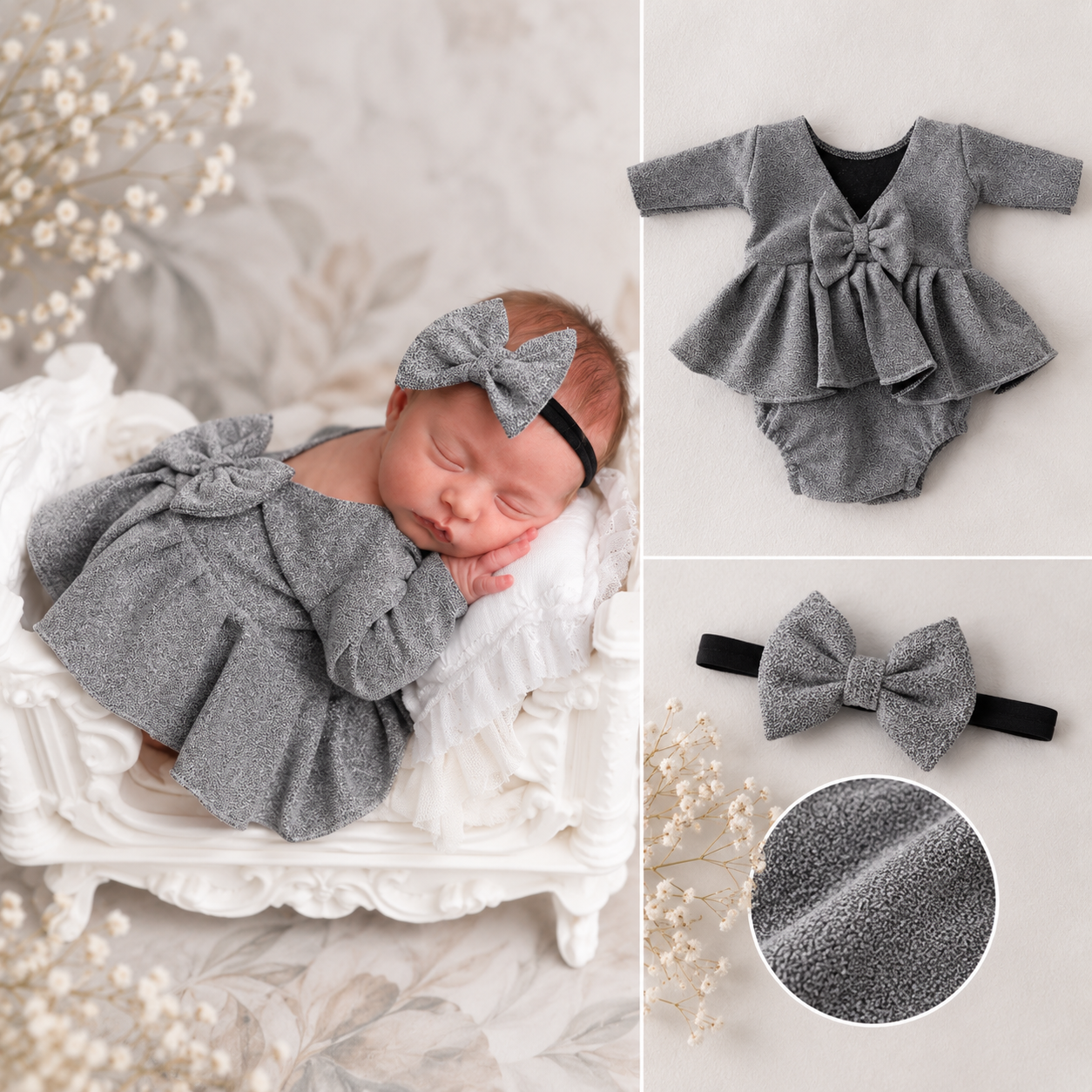 Silver Bow Newborn Dress & Headband Set