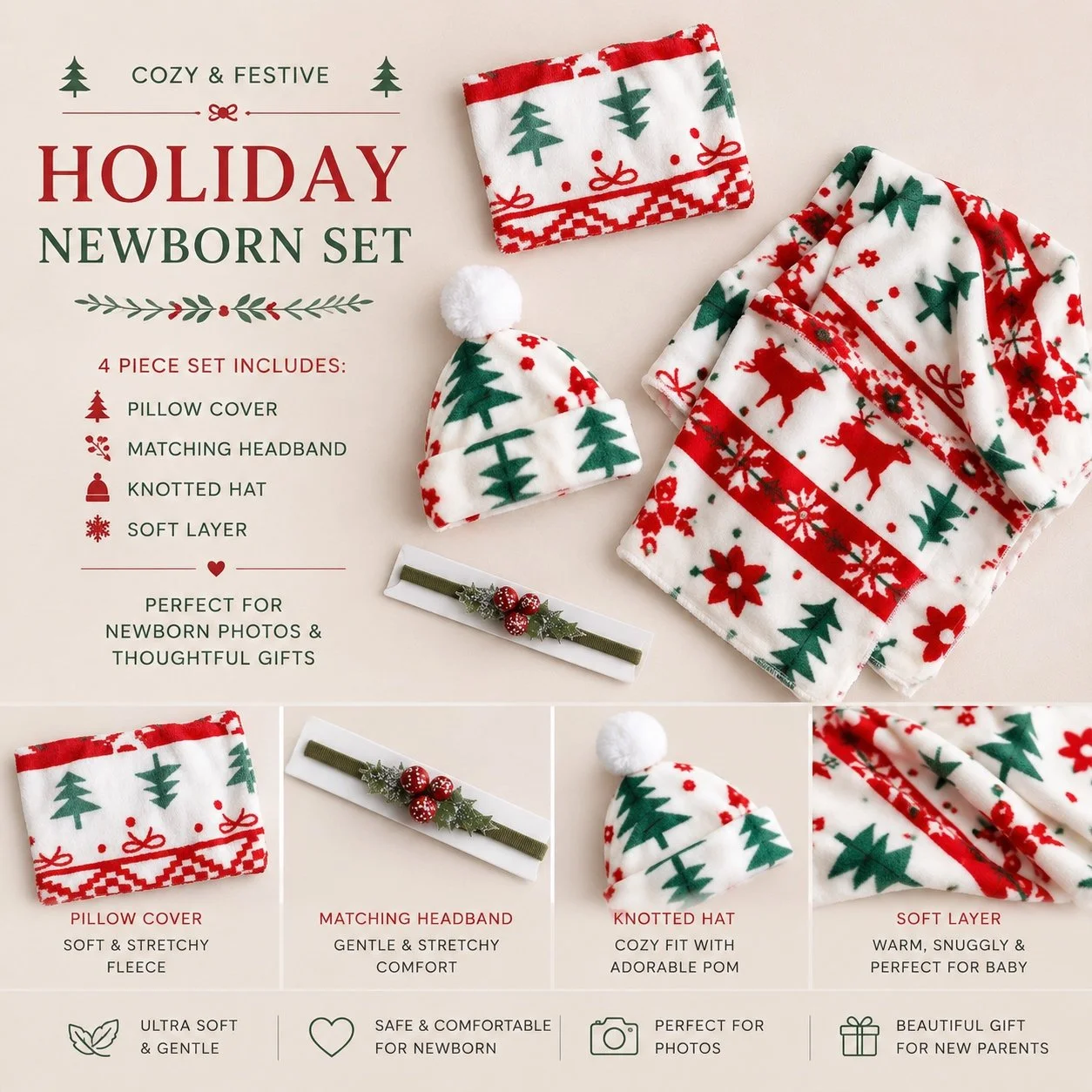 Cozy Holiday Newborn Photography Set – Pillow Cover, Headband, Hat & Layer