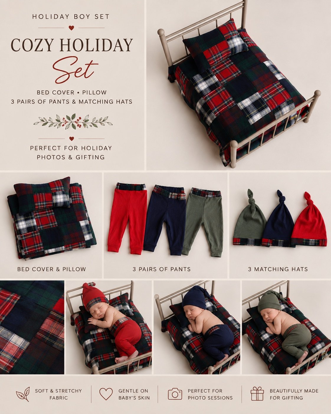 Cozy Holiday Boy Newborn Photography Set – 8 Piece Collection