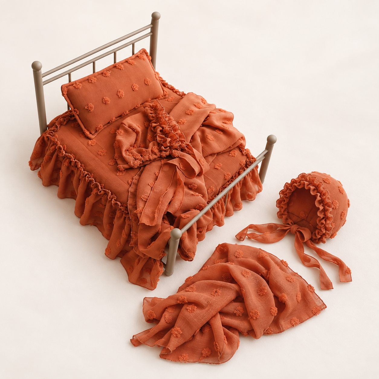 Terracotta Ruffle Newborn Bed & Bonnet Set