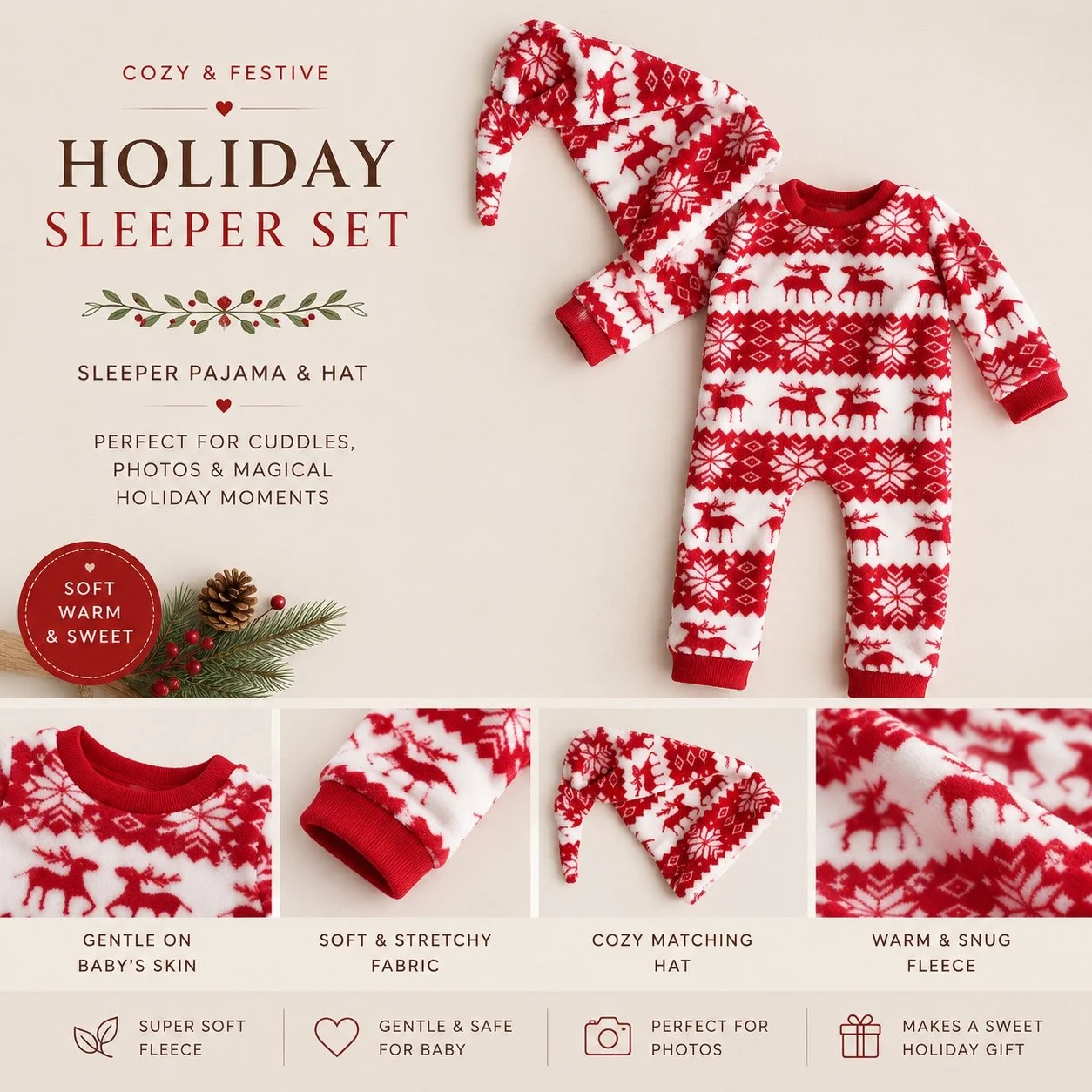 Cozy Holiday Newborn Sleeper Set – Christmas Pajama & Matching Hat