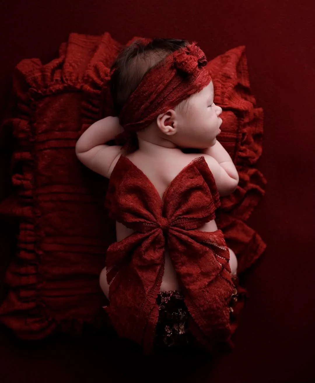Deep Red Newborn Photography Set – Bed Cover, Pillow, Headband, Diaper Cover & Oversized Bow