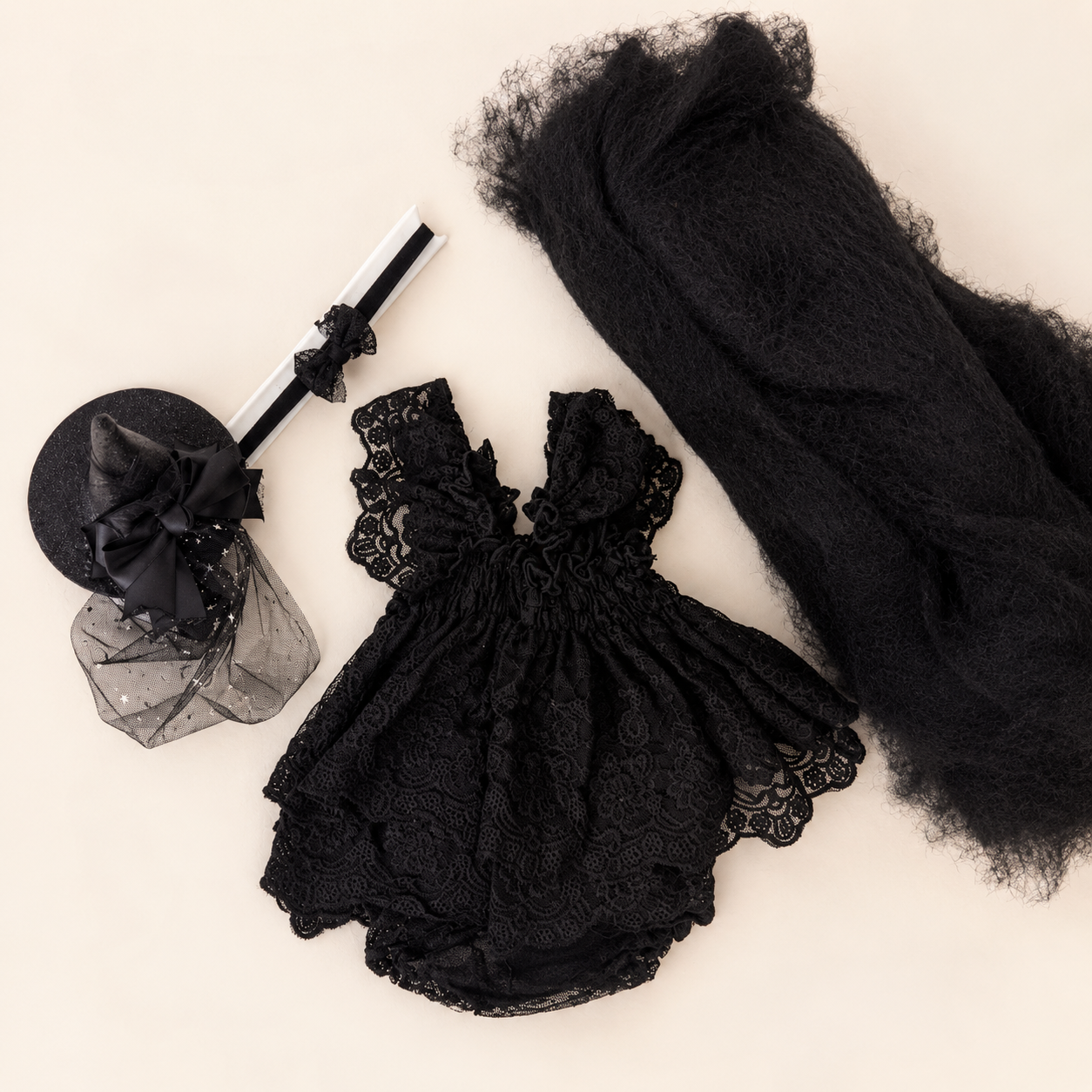 Midnight Witch Newborn Set | Lace Dress, Headband, Witch Hat + Fluff Layer
