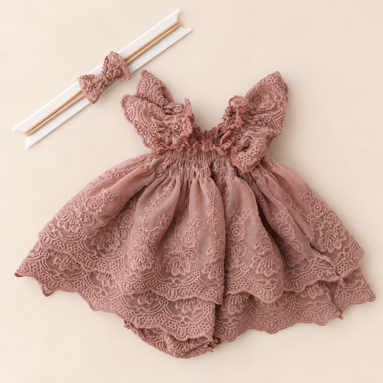 Dusty Rose Lace Newborn Dress & Headband Set