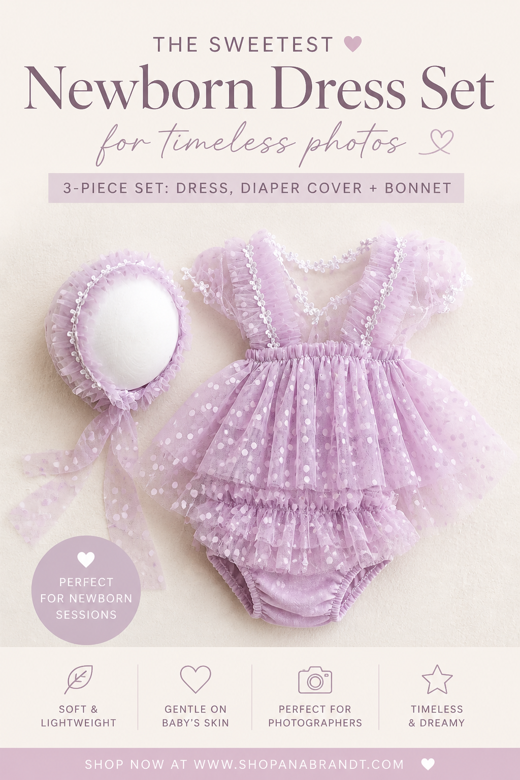 Newborn Baby Dress with Bonnet & Diaper Cover | Photography Outfit | Ana Brandt