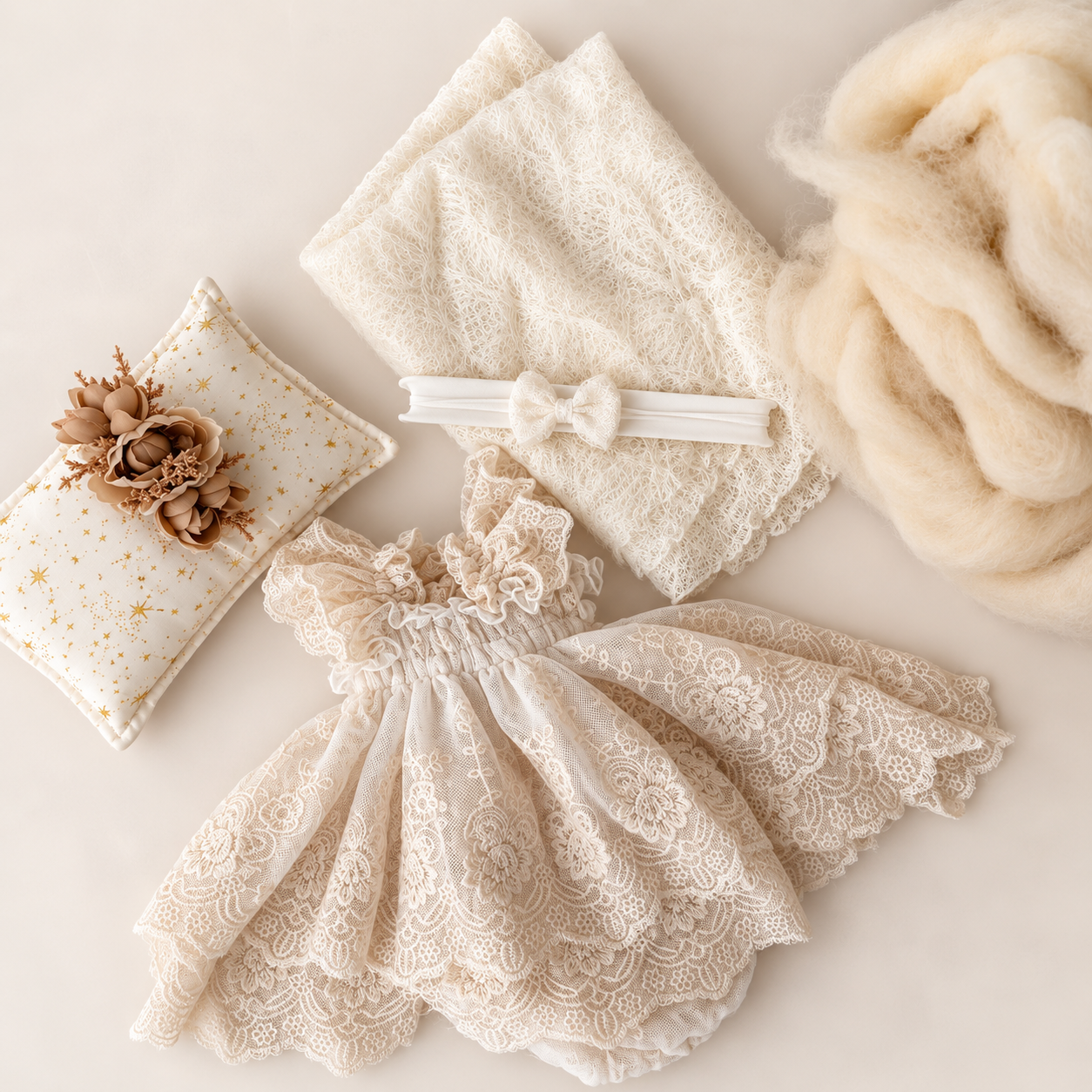Ivory Dreams Newborn Styling Set | Pillow, Floral Headband, Lace Dress, Bloomers, Wrap + Fluff