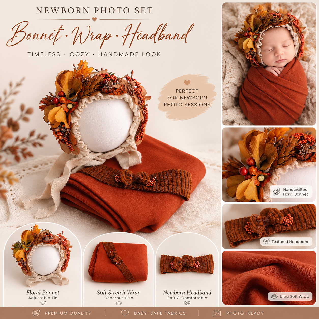 Autumn Floral Newborn Photography Set – Bonnet, Wrap & Headband
