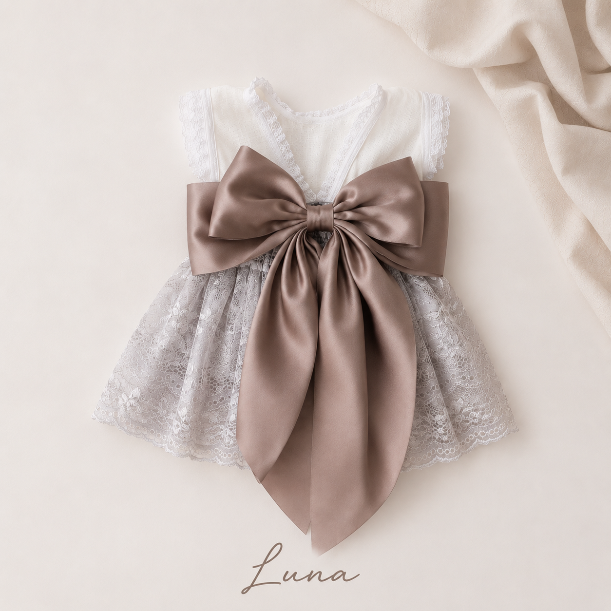 Luna Ivory & Taupe Newborn Dress & Headband Set