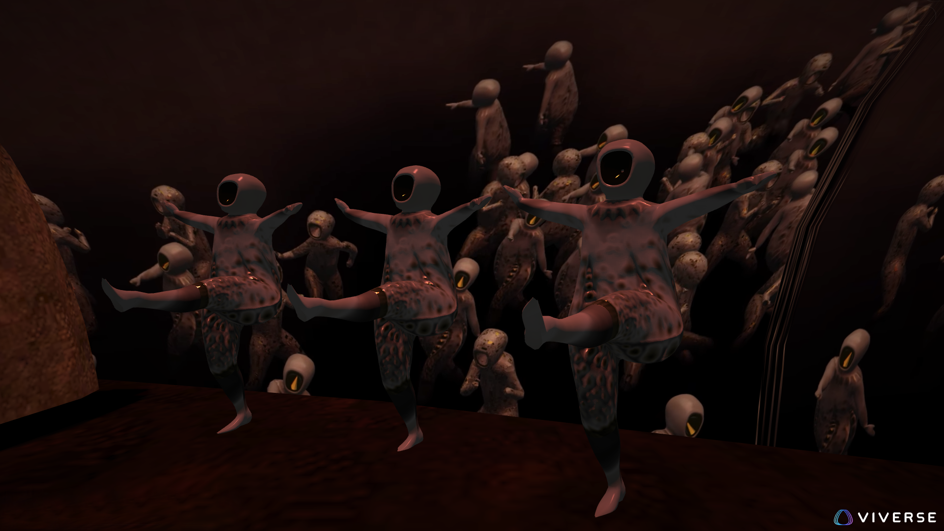 Virtual Reality scene with animatrons performing a Can-Can dance line