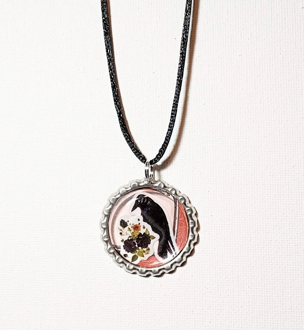 Crow with Flowers Pendant Necklace