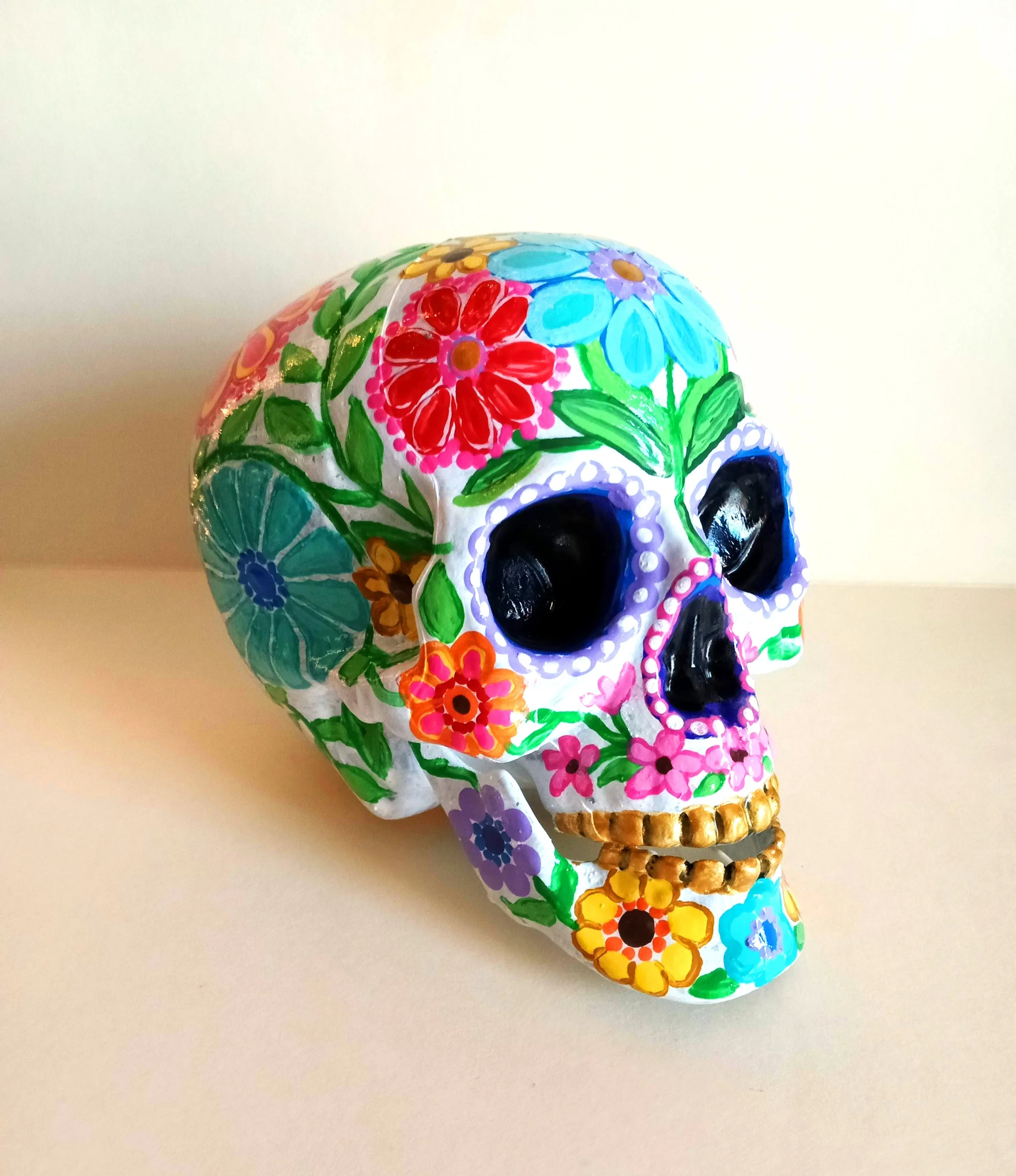 Hand-painted Skull Flowers and Leaves