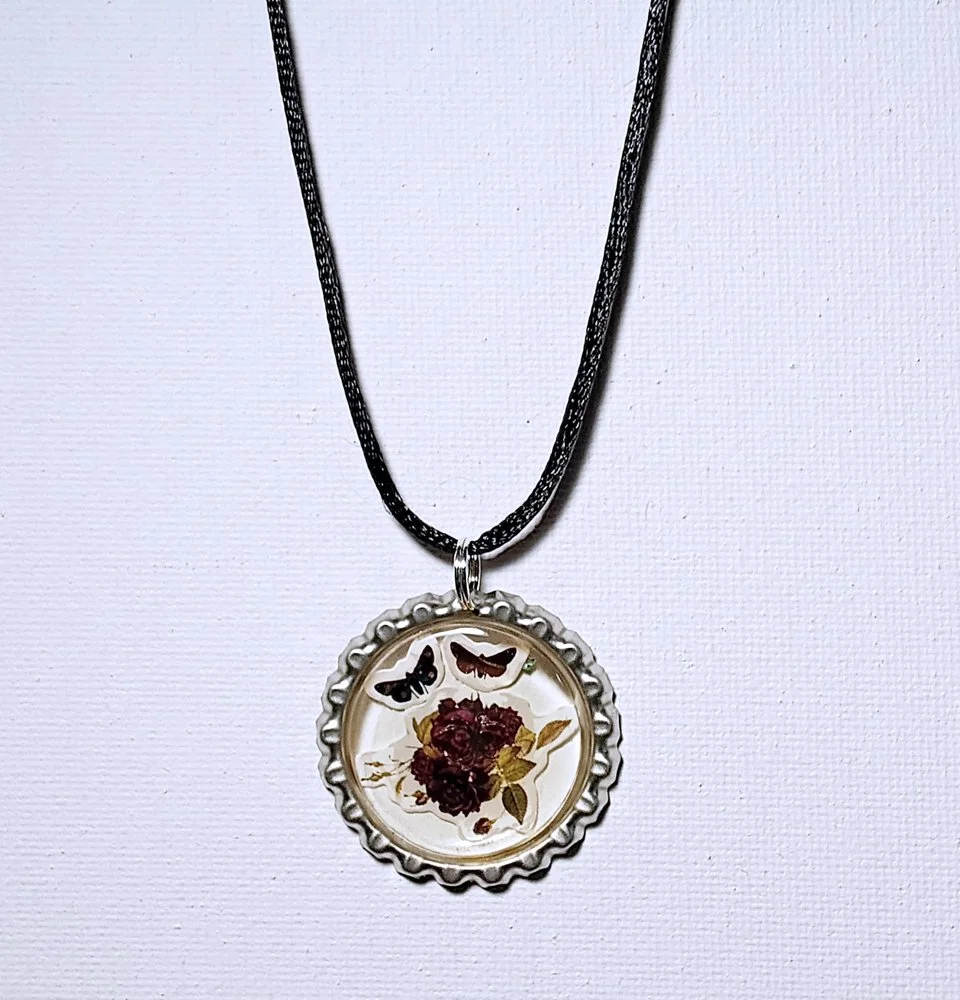 Goth Flowers and Butterflies Pendant Necklace