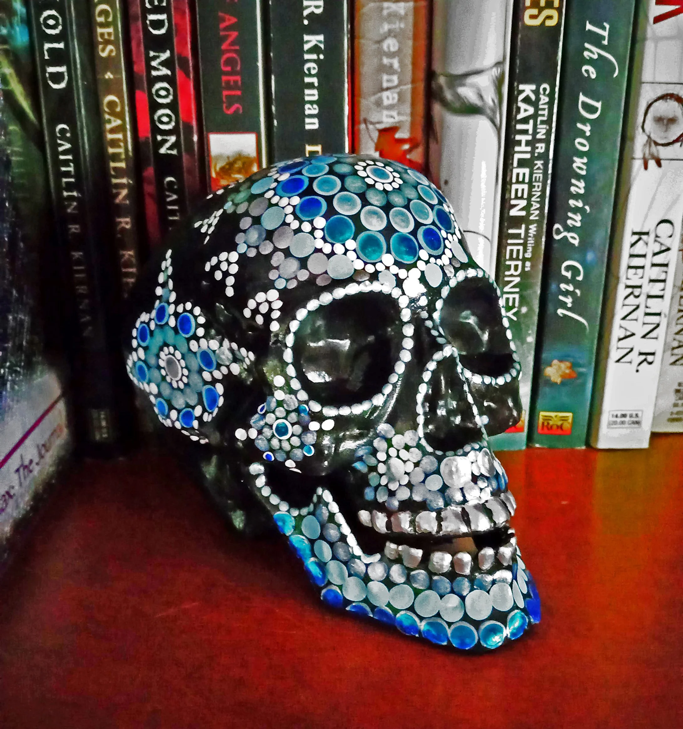Hand-painted Skull Blue and Silver Mandala
