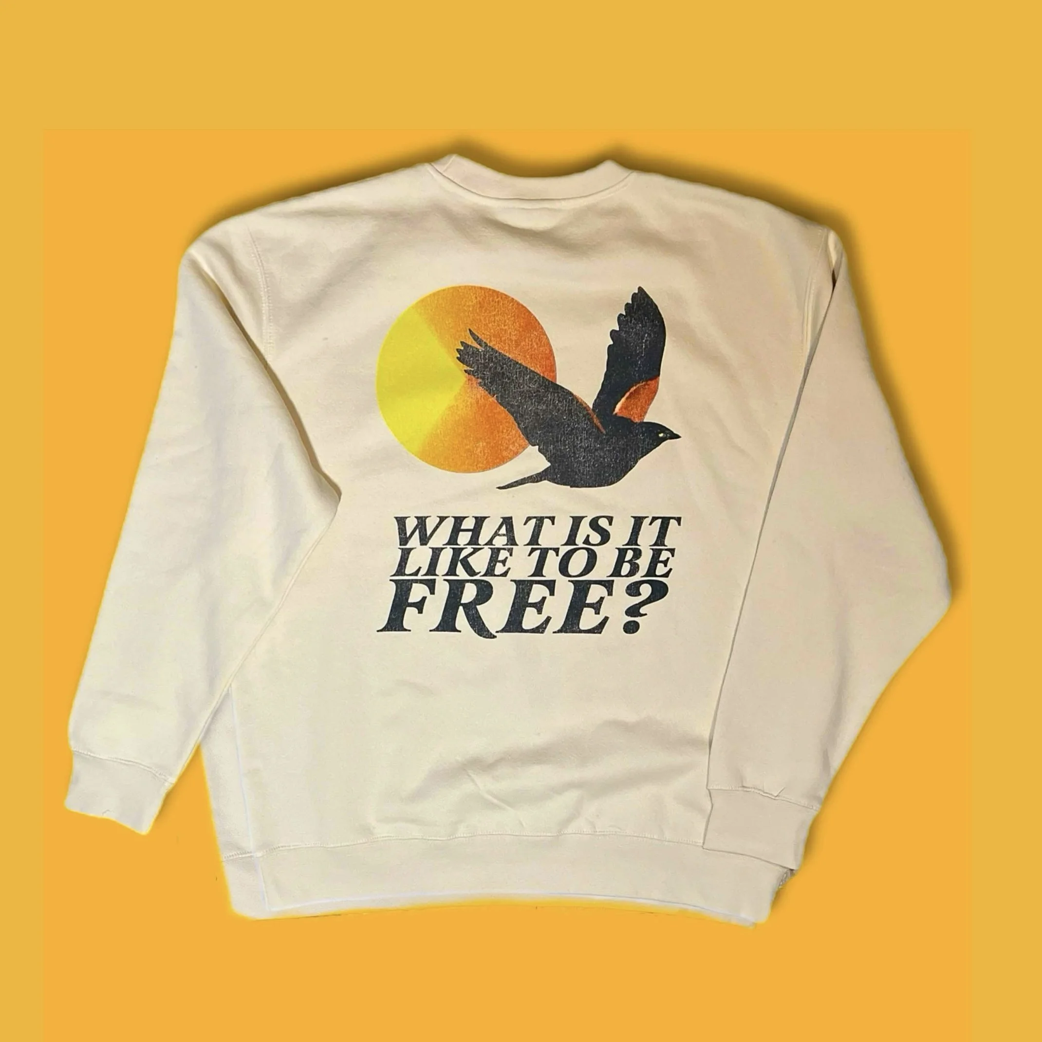 A white sweatshirt featuring a design with a black bird flying in front of a yellow and orange sunset, and the text "What is it like to be free?" printed below.