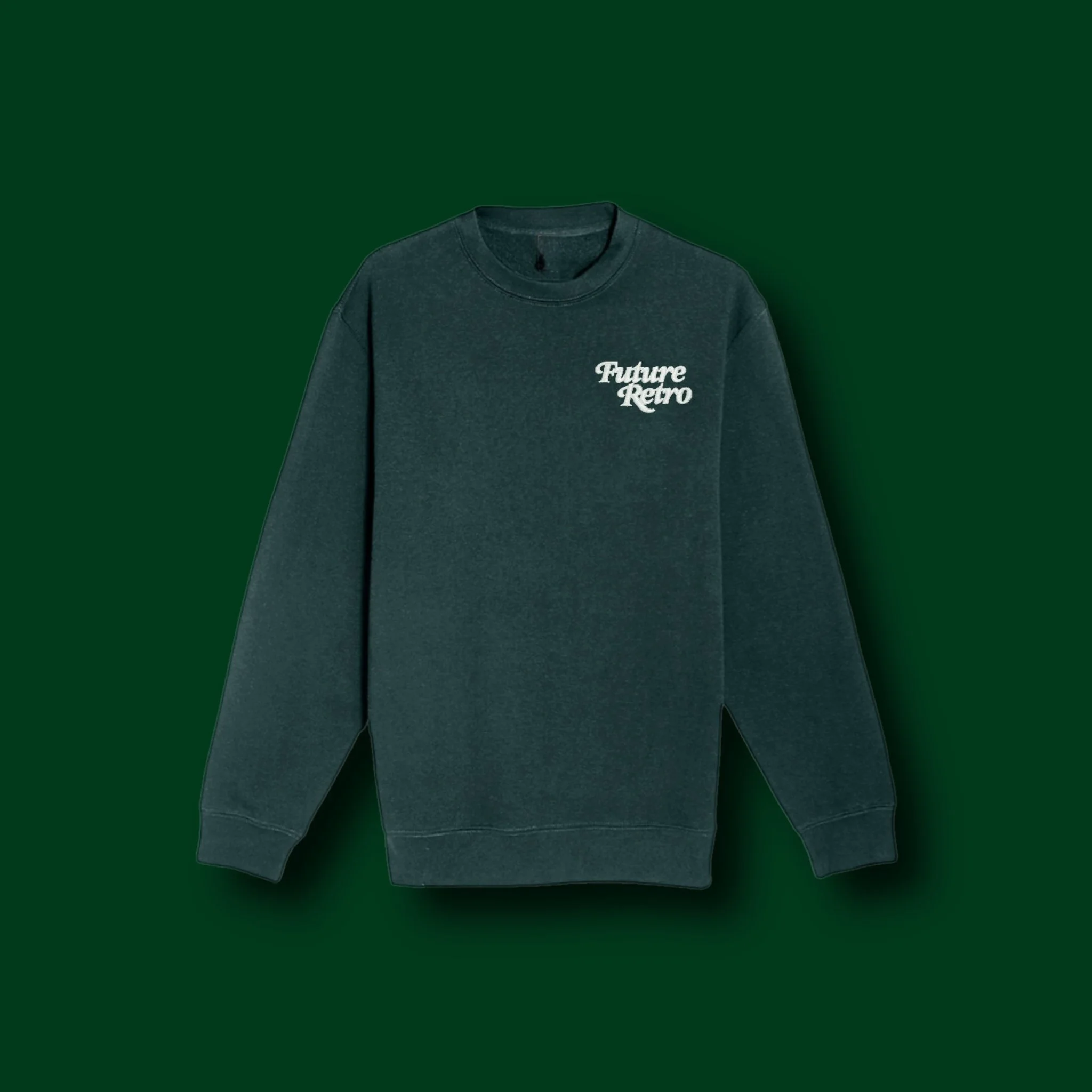 Dark green sweatshirt with 'Future Retro' embroidered in white on the left chest, displayed against a solid dark green background.