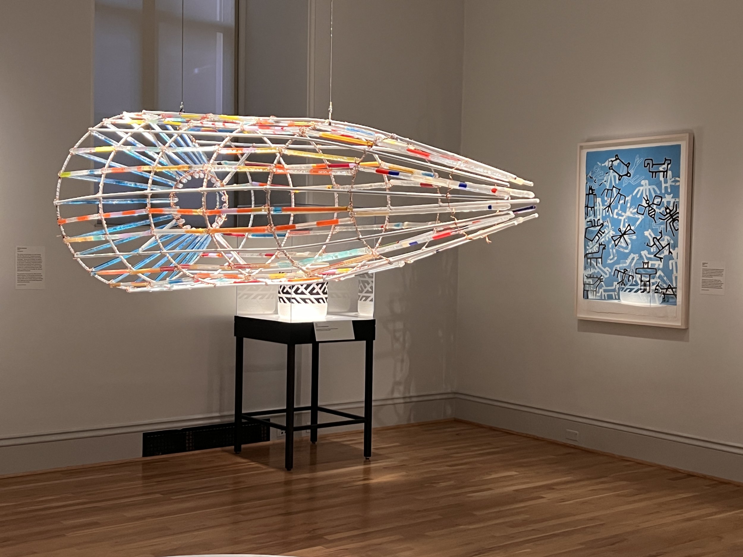 Fish Trap, 2021-22, fused glass and metal, 24 x 72 x 24 inches.
Install view "Sharing Honors and Burdens: Renwick Invitational 2023," Renwick Gallery of the Smithsonian American Art Museum, Washington DC.