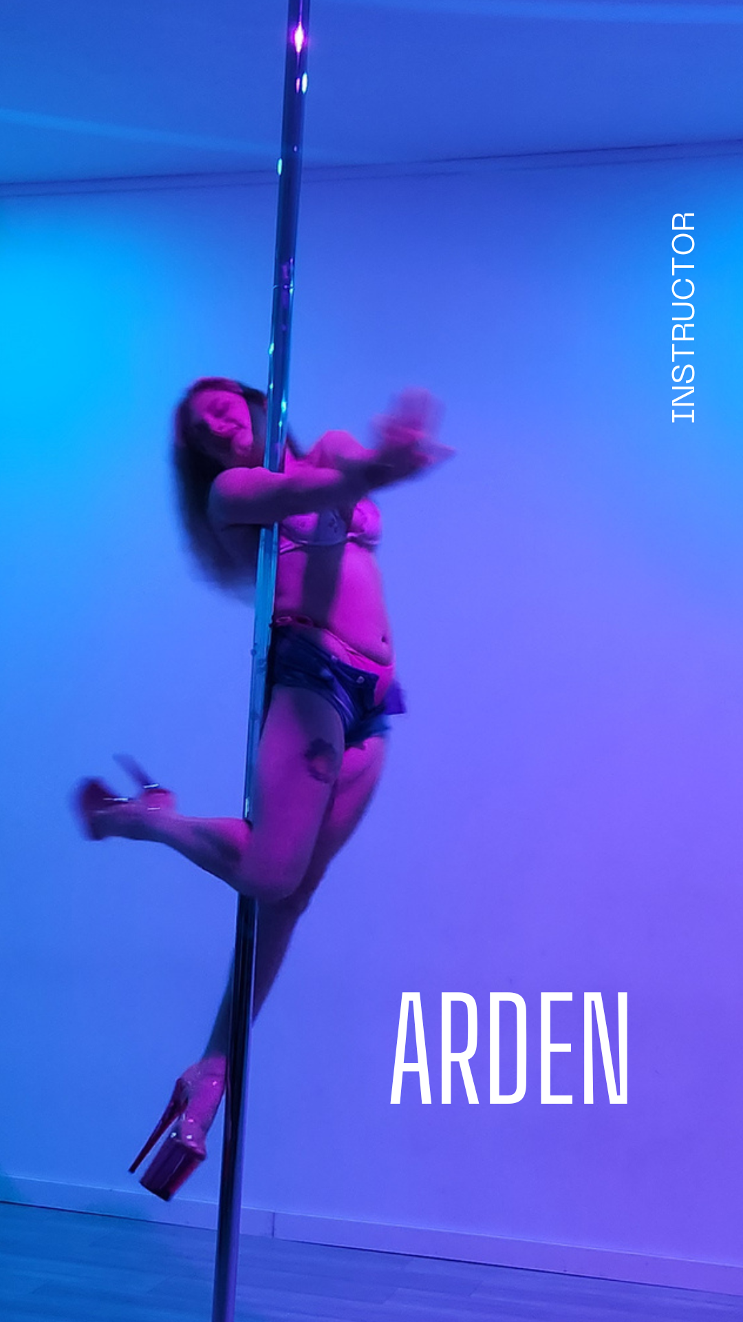 A woman in shiny purple workout wear, posing with a pole against a purple background, with the text 'JACKIE' and 'INSTRUCTOR' written on the image.