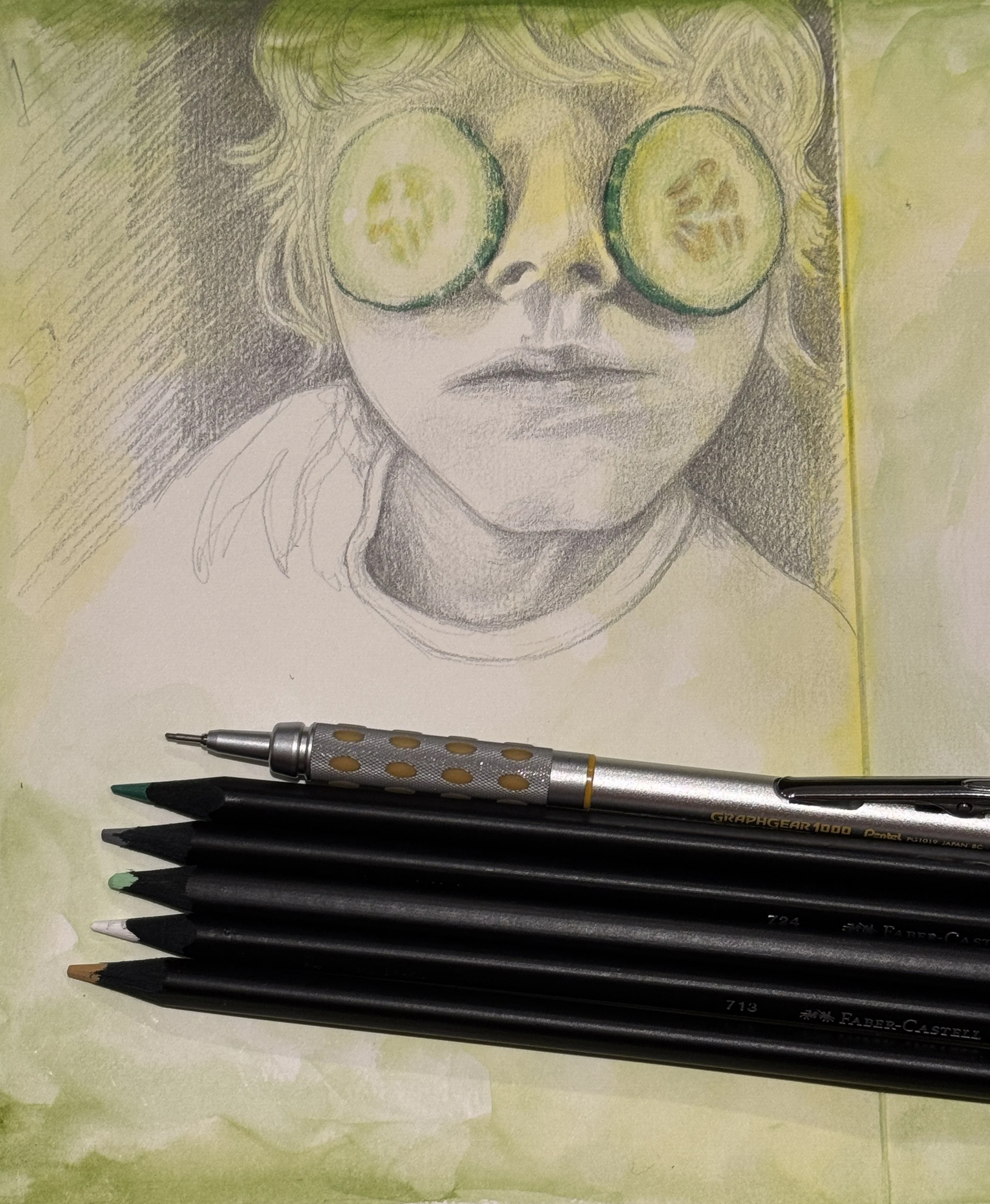 "Cucumber Eyes"
Watercolour and pencil, 2025
© Ella Hayward