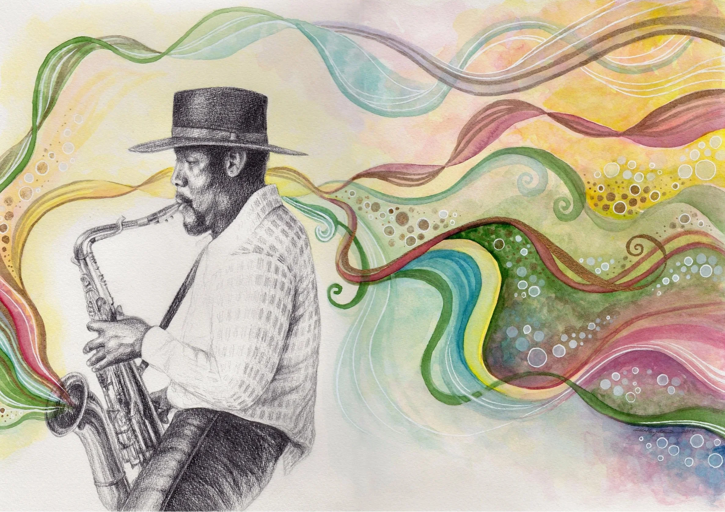 "The Big Man joined the Band"
Watercolour and pencil, 2014
© Ella Hayward