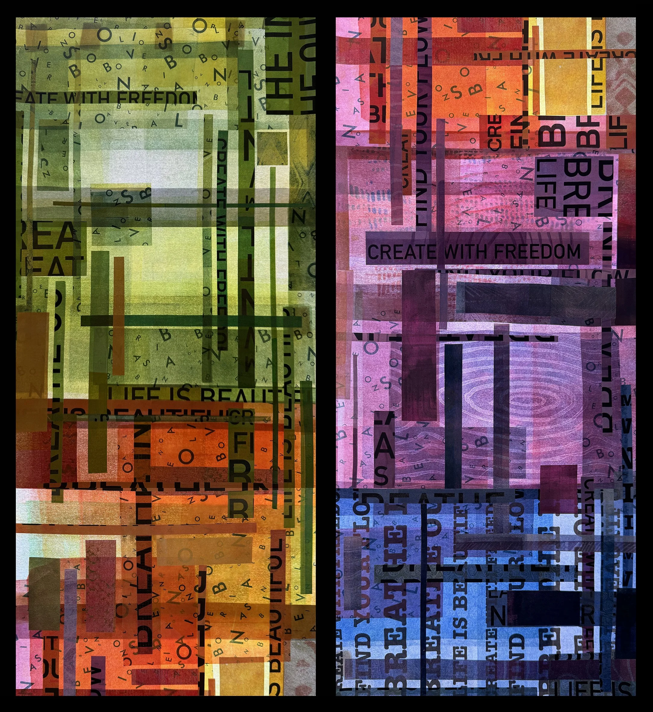 "The Only Way is Up" - split panel
Collaged gelli prints, 2025
© Ella Hayward