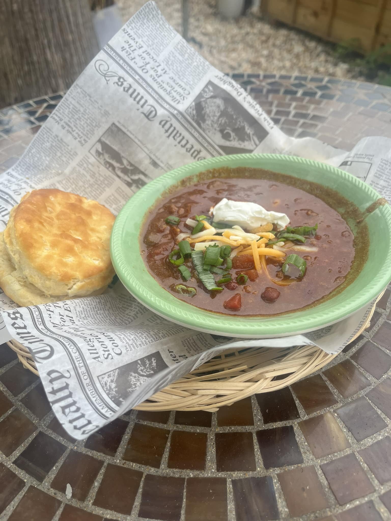 Stay warm on these cooler days with todays soup of the day! 
A nice hot bowl of homemade chili served with a warm buttermilk biscuit.