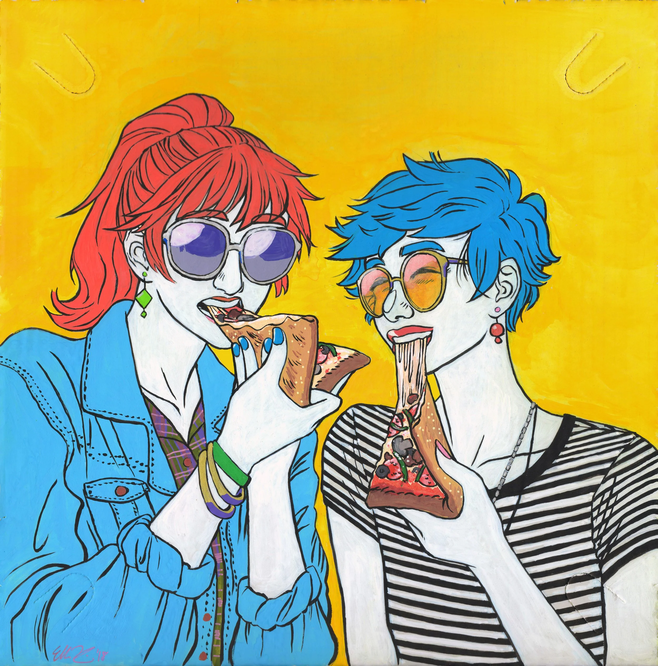 Painted with Acryla Gouache on a pizza box as part of a pizza box art show