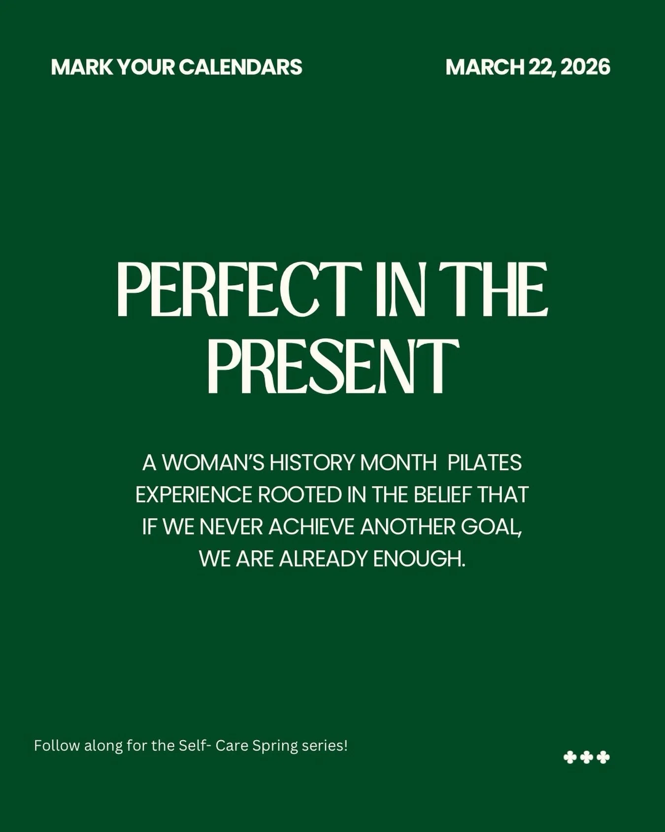 This March, we&rsquo;re choosing presence over pressure.

Perfect in the Present is a Pilates + self-care experience created to help you slow down, move with intention, and honor who you are right now, not who you&rsquo;re trying to become.

🗓 Sunda