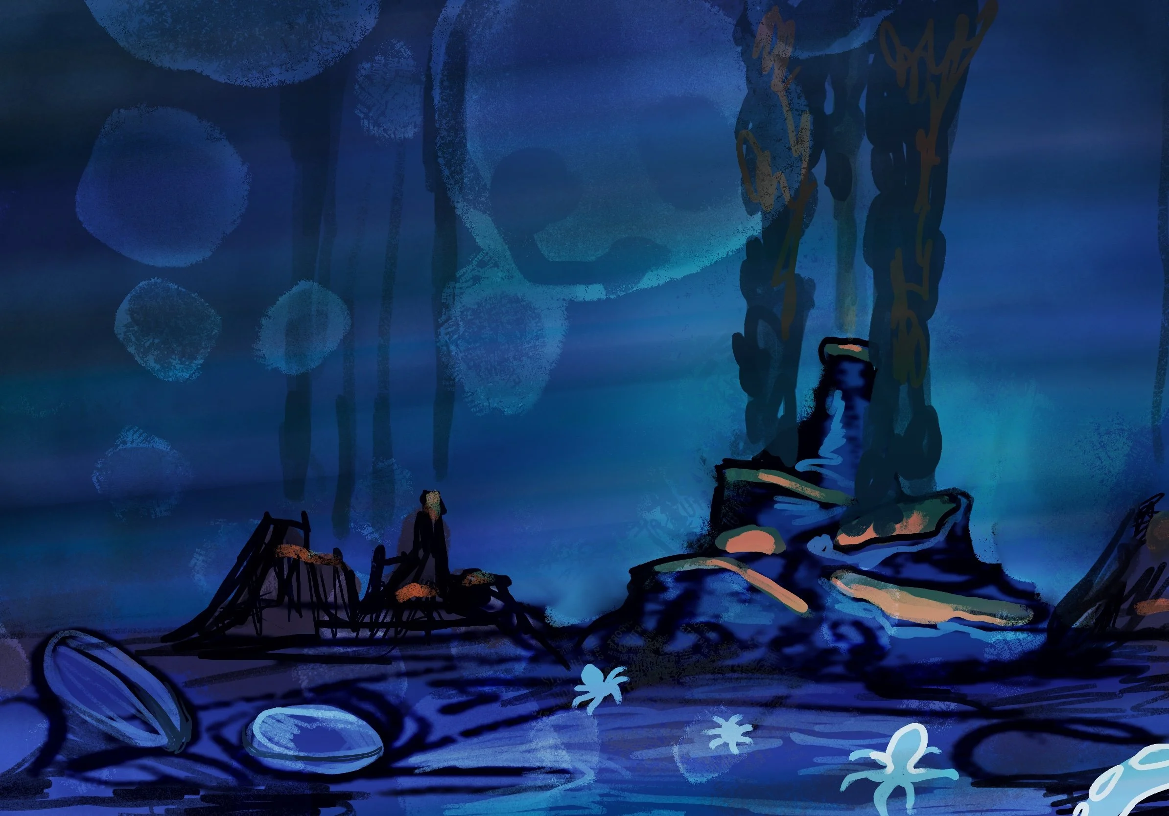 Abstract digital artwork featuring a blue underwater scene with silhouettes of boats, fish, and palm trees.