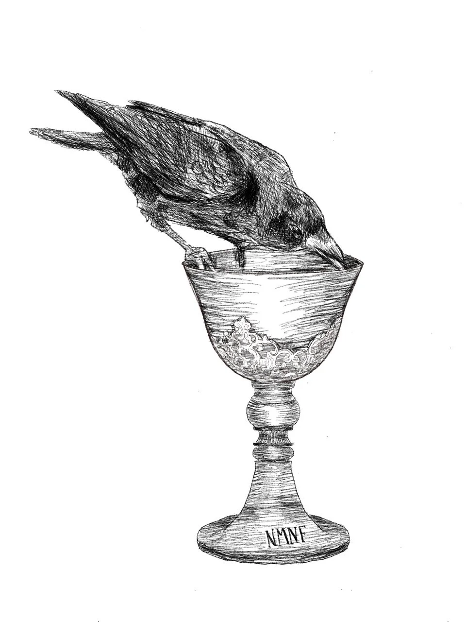 Illustration of a crow drinking from a decorated chalice.