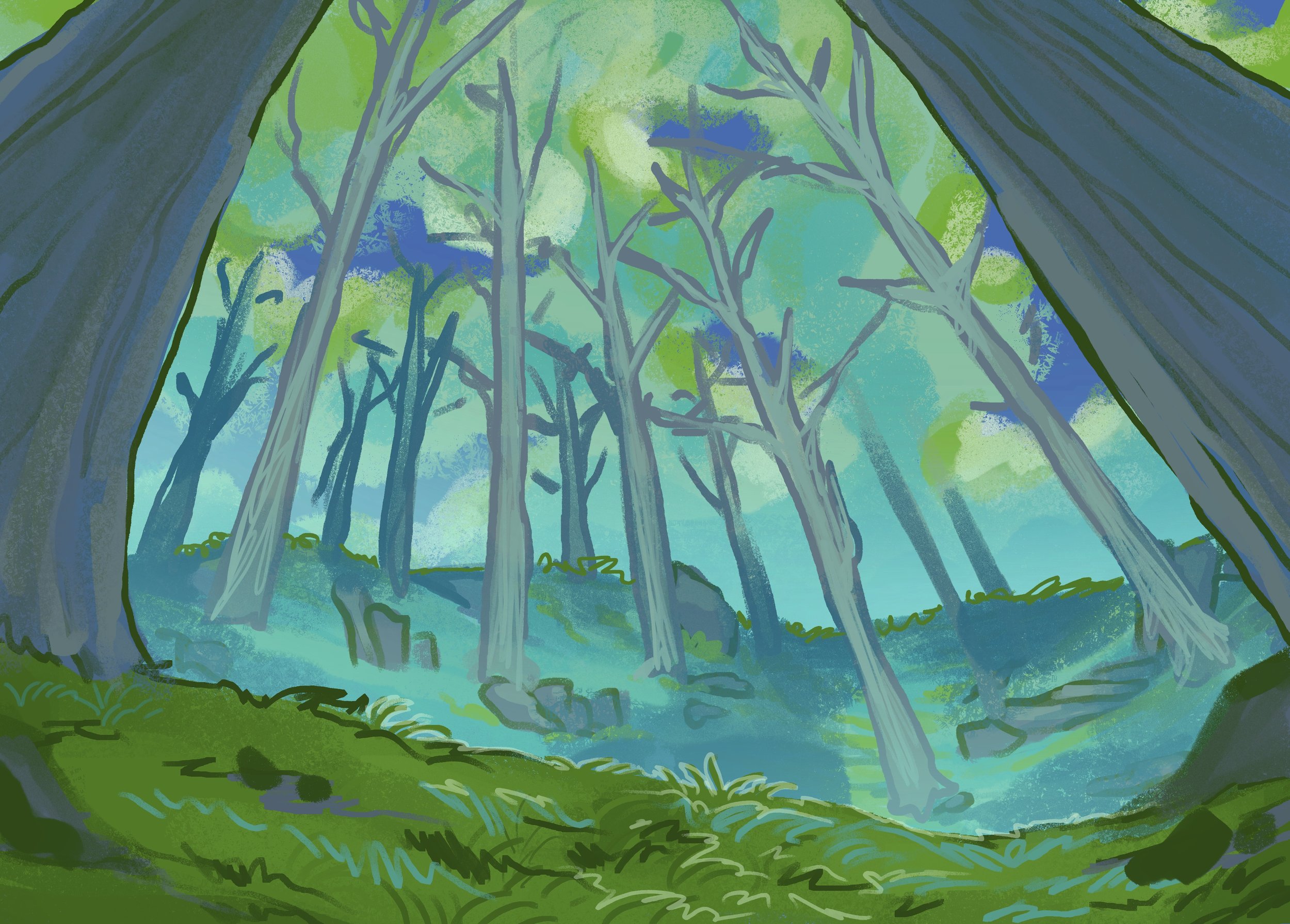 A stylized illustration of a forest scene with tall trees, green and blue foliage, and a grassy forest floor viewed from low. The sky is partly visible through the canopy.