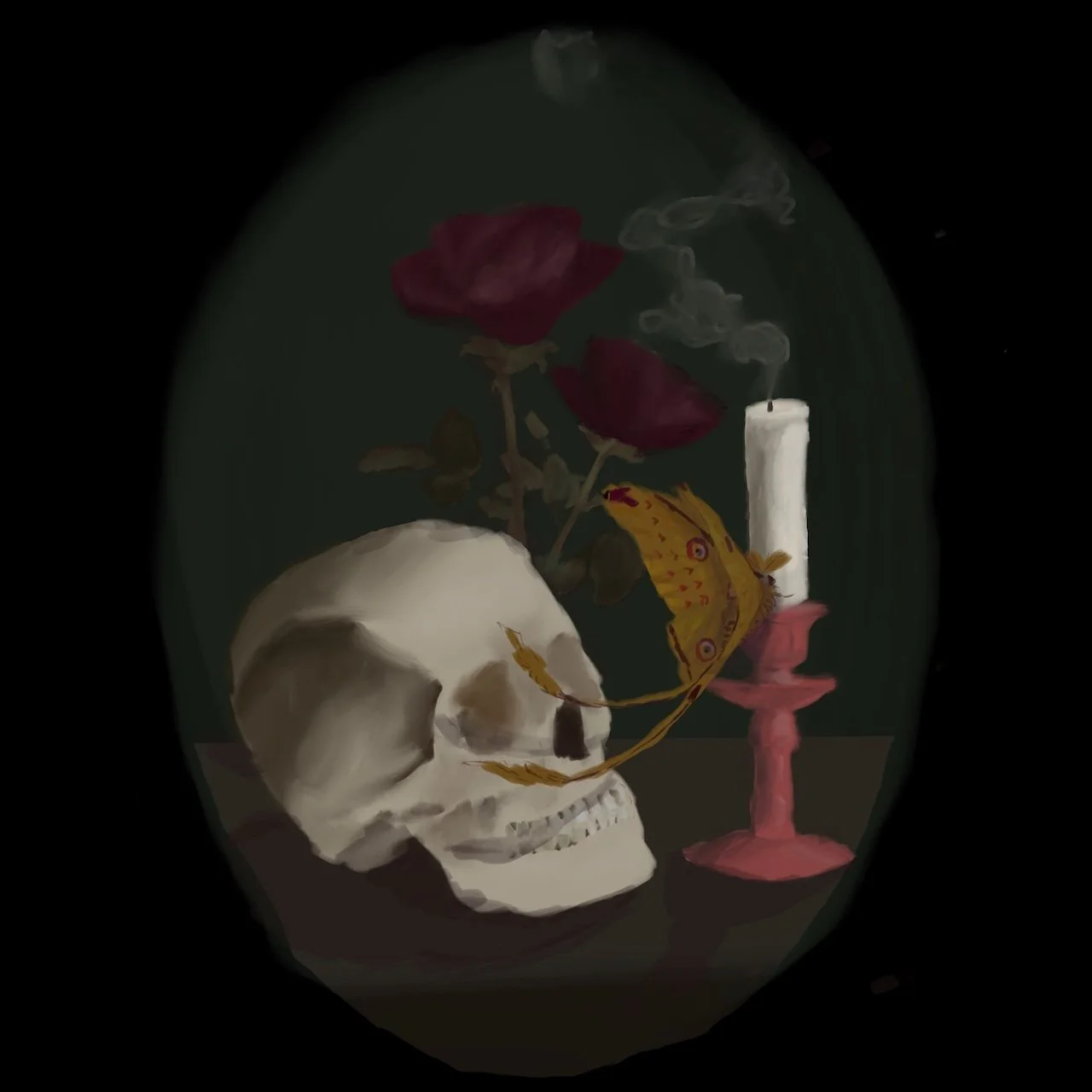 Still life painting with a skull, yellow moth, lit candle, and roses on a dark background.