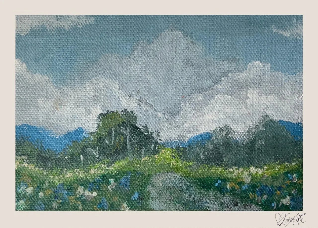 Landscape painting with green hills, trees, and a cloudy sky.