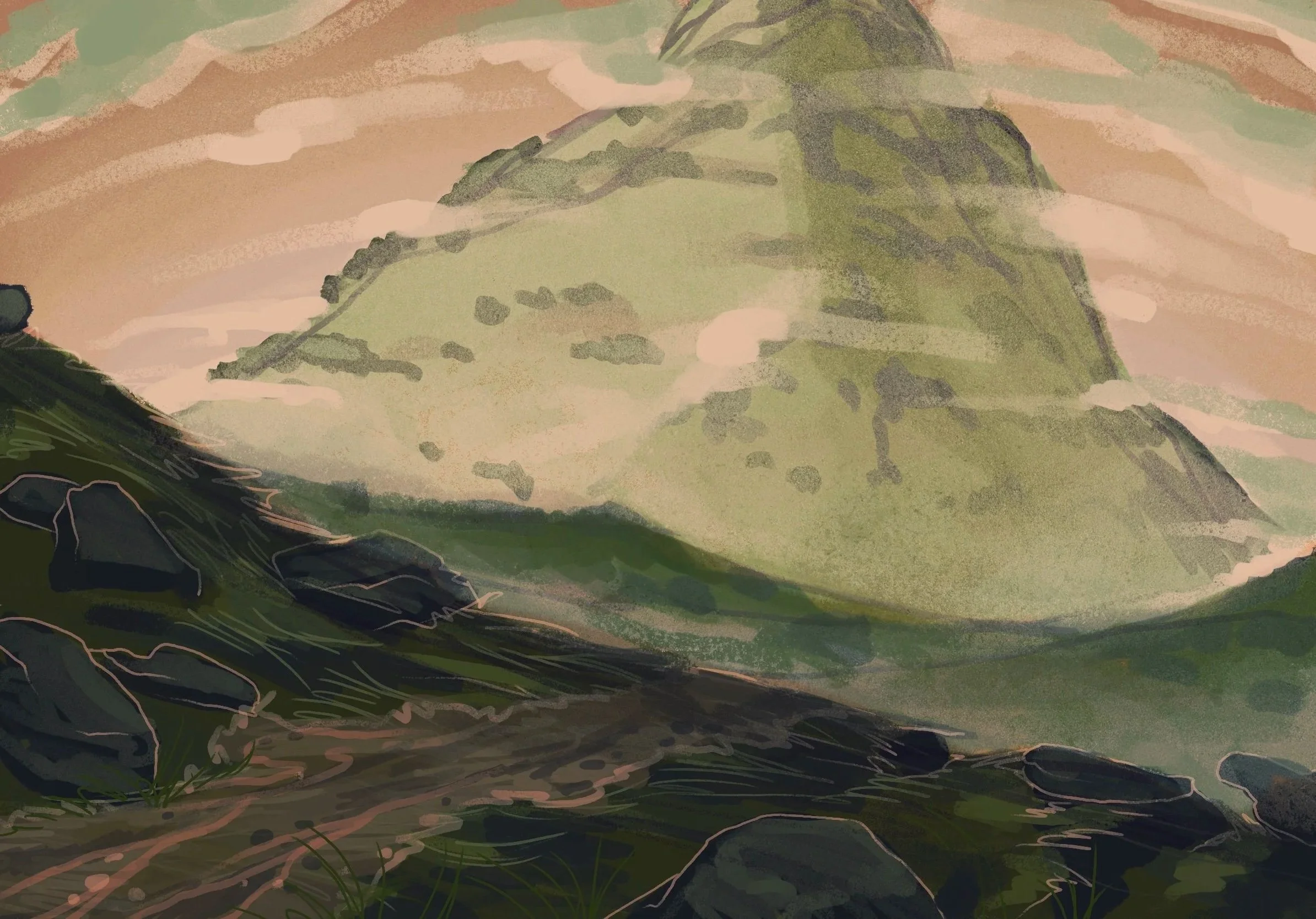 Painted landscape of a mountain with cloudy sky, featuring green, brown, and beige hues.