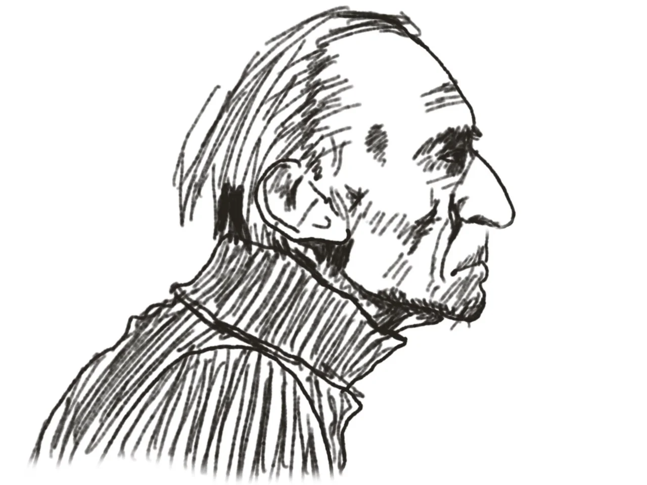sketch of an elderly man in profile, with a prominent nose and a lined face, wearing a high-collared garment