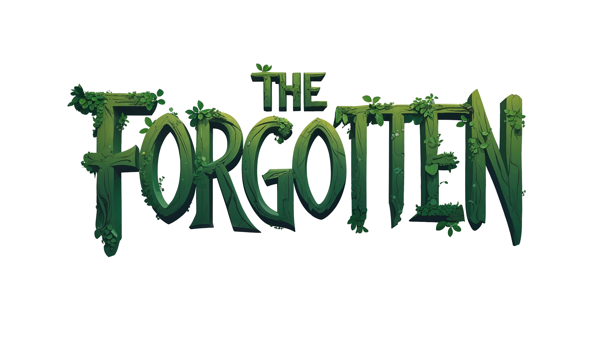 The words 'The Forgotten' written in large green letters made of wood and covered with green foliage and small plants.